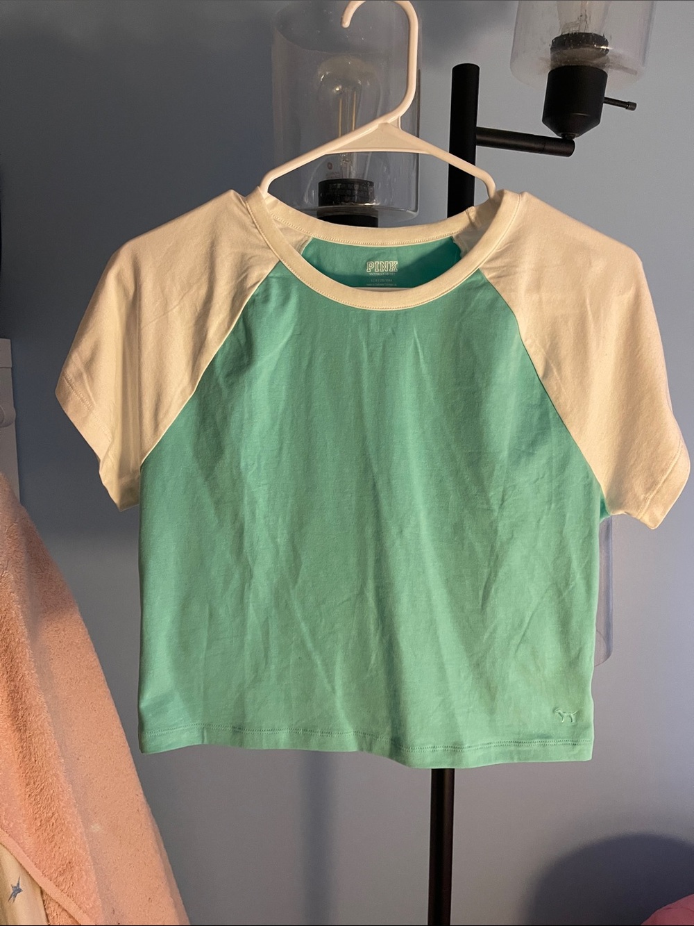 PINK Victoria's Secret Mint Green & Cream Raglan Tee